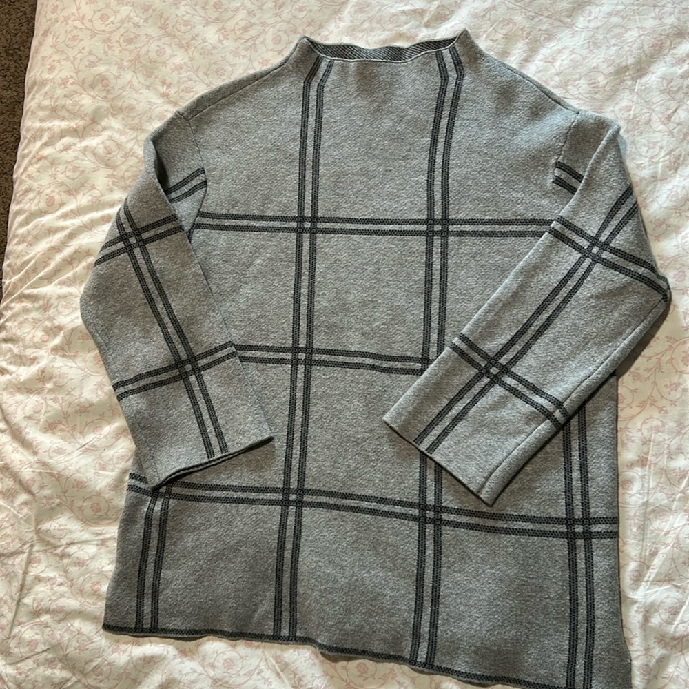 J. Jill Pullover Windowpane Plaid Knit Sweater 3/4 Sleeve Gray Small